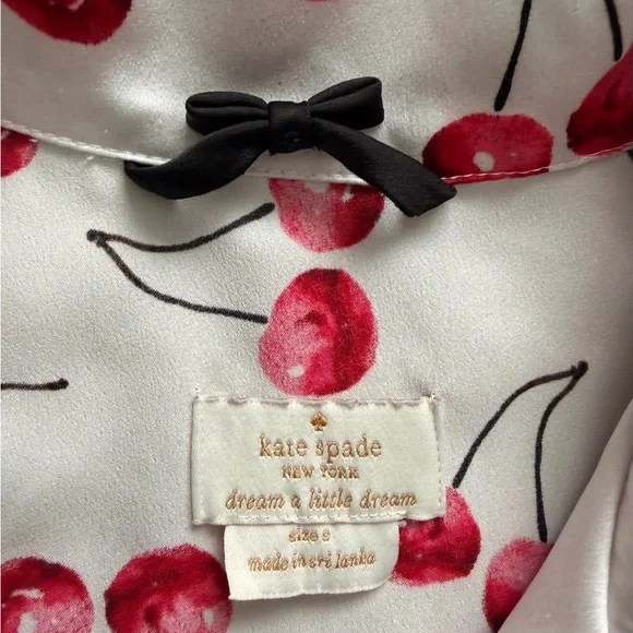kate spade Cherry Print Satin Feel Pajama Set in Red and White with Black Trim - Picture 6 of 16